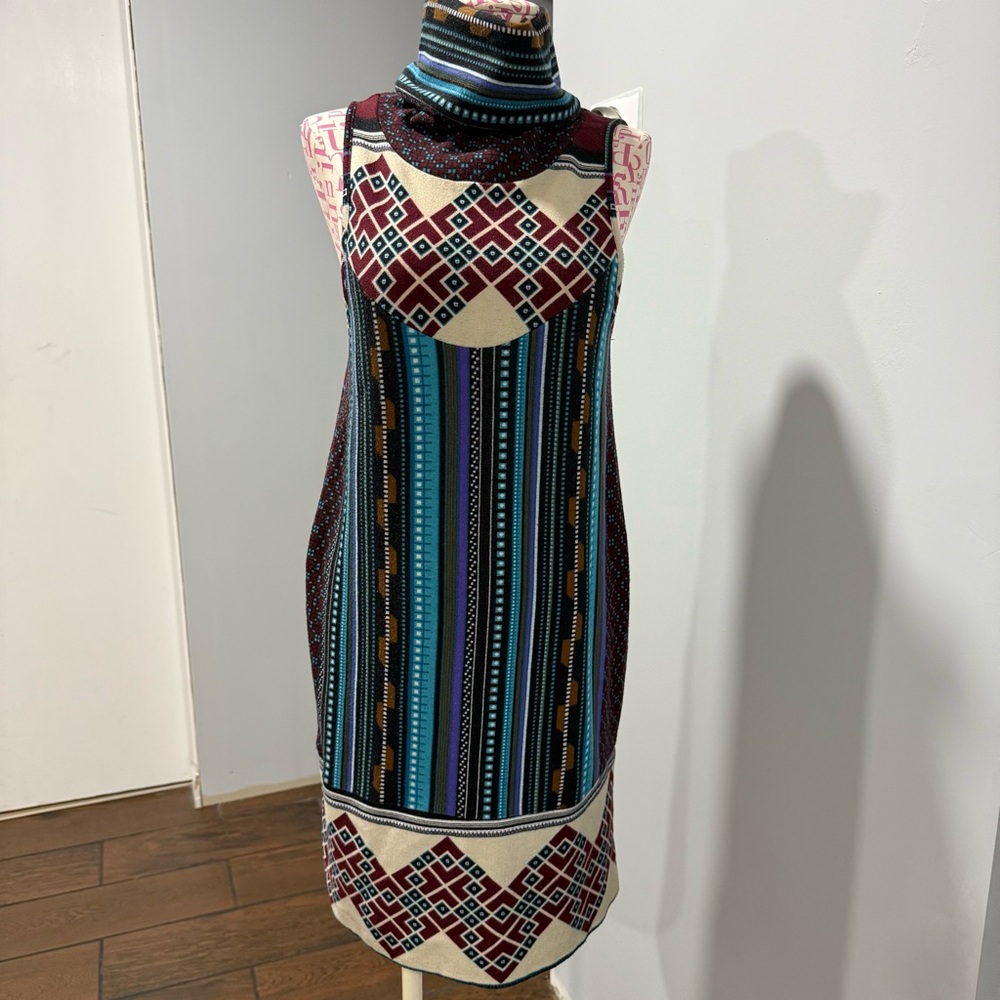 Y2K Funky People Knit Shift Dress Blue Geometric Southwest Striped S vintage